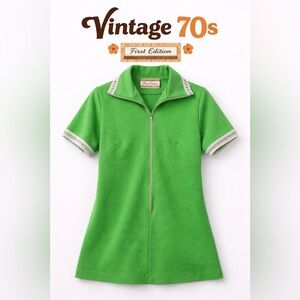 Vintage 70s First Edition Dallas Lime Green Mod Zip Top Leisure Knit Small